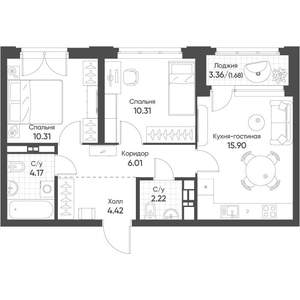 2-к квартира, строящийся дом, 55м2, 13/16 этаж