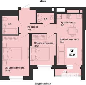 3-к квартира, строящийся дом, 58м2, 17/25 этаж