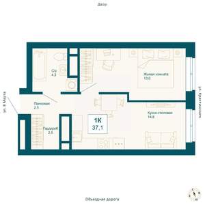 1-к квартира, вторичка, 37м2, 12/21 этаж