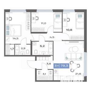 3-к квартира, строящийся дом, 79м2, 3/25 этаж