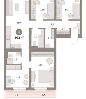 4-к квартира, вторичка, 96м2, 8/9 этаж