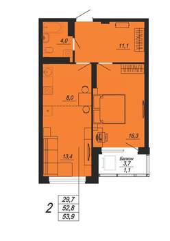 2-к квартира, вторичка, 52м2, 24/24 этаж