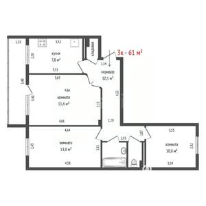 3-к квартира, вторичка, 61м2, 4/10 этаж