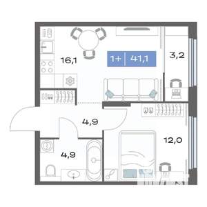 1-к квартира, строящийся дом, 41м2, 12/25 этаж