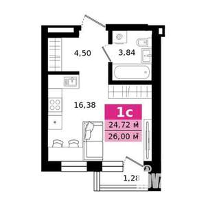 Студия квартира, строящийся дом, 26м2, 25/27 этаж