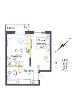 1-к квартира, строящийся дом, 46м2, 1/9 этаж