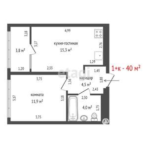 1-к квартира, вторичка, 40м2, 2/19 этаж