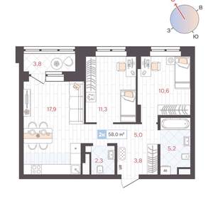 2-к квартира, вторичка, 58м2, 6/25 этаж