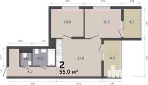 2-к квартира, строящийся дом, 55м2, 19/19 этаж