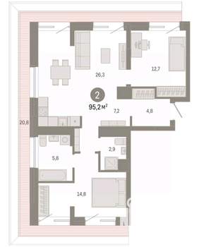 2-к квартира, вторичка, 95м2, 7/7 этаж