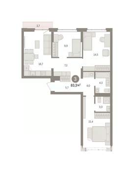 3-к квартира, вторичка, 83м2, 3/7 этаж
