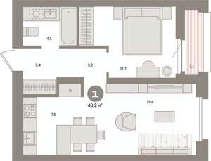 1-к квартира, вторичка, 48м2, 8/16 этаж