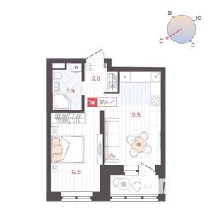 1-к квартира, строящийся дом, 37м2, 6/25 этаж