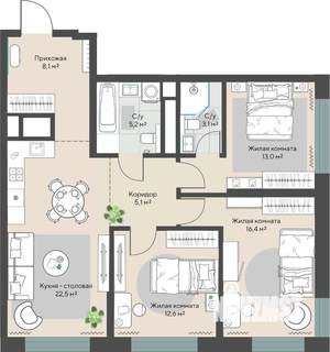 3-к квартира, вторичка, 86м2, 22/29 этаж