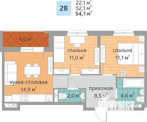 2-к квартира, вторичка, 54м2, 7/9 этаж