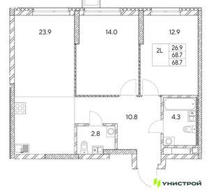 2-к квартира, вторичка, 69м2, 12/30 этаж