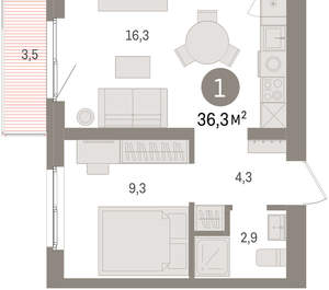 1-к квартира, вторичка, 36м2, 3/15 этаж