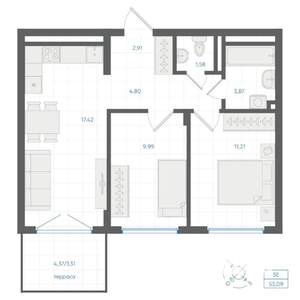 2-к квартира, строящийся дом, 53м2, 1/4 этаж