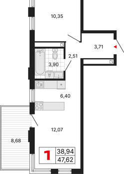 1-к квартира, вторичка, 48м2, 1/25 этаж
