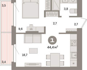 1-к квартира, вторичка, 44м2, 6/16 этаж