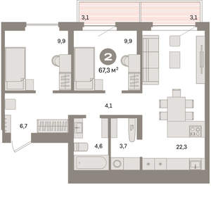 2-к квартира, вторичка, 67м2, 9/16 этаж