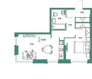 2-к квартира, вторичка, 44м2, 8/20 этаж