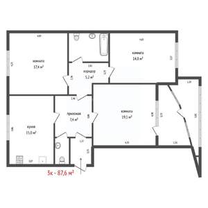 3-к квартира, вторичка, 88м2, 3/16 этаж