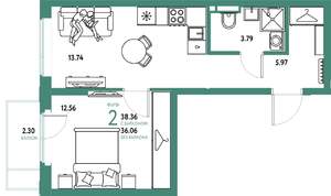 2-к квартира, вторичка, 38м2, 8/24 этаж