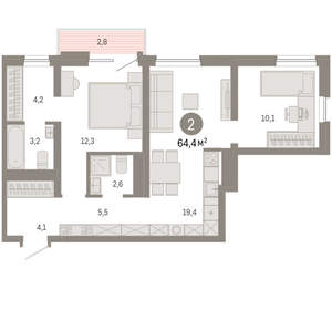 2-к квартира, вторичка, 64м2, 7/8 этаж