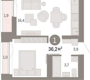 1-к квартира, вторичка, 36м2, 7/16 этаж