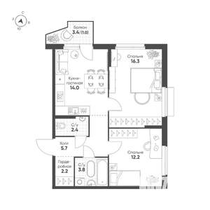 2-к квартира, вторичка, 58м2, 3/25 этаж