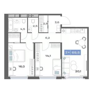 2-к квартира, строящийся дом, 70м2, 5/25 этаж