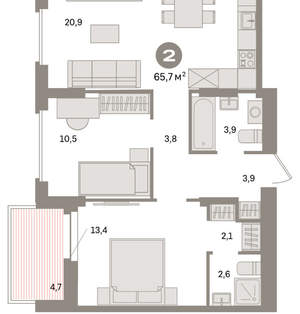 2-к квартира, вторичка, 66м2, 4/16 этаж