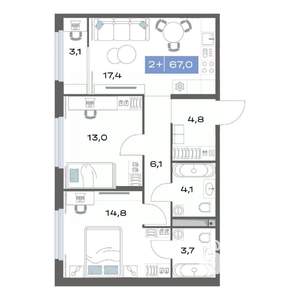 2-к квартира, строящийся дом, 67м2, 8/17 этаж