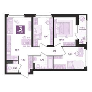 3-к квартира, вторичка, 77м2, 3/12 этаж