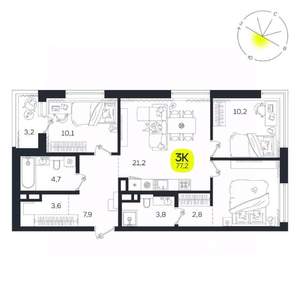 3-к квартира, вторичка, 77м2, 11/27 этаж