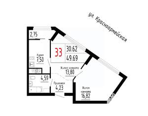 2-к квартира, строящийся дом, 50м2, 6/25 этаж