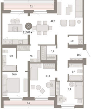 3-к квартира, вторичка, 117м2, 8/9 этаж