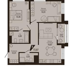 2-к квартира, вторичка, 73м2, 12/23 этаж