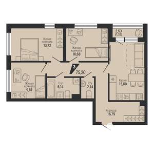 3-к квартира, вторичка, 75м2, 2/31 этаж