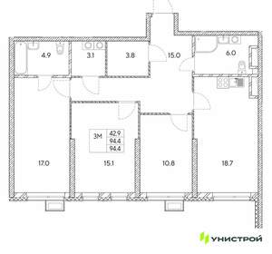 3-к квартира, вторичка, 94м2, 26/30 этаж