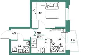 2-к квартира, строящийся дом, 32м2, 12/20 этаж