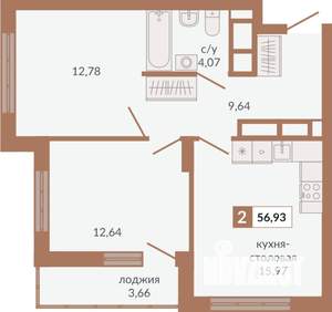 2-к квартира, строящийся дом, 57м2, 31/31 этаж
