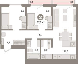 2-к квартира, вторичка, 68м2, 5/16 этаж