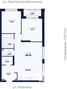 2-к квартира, вторичка, 68м2, 21/26 этаж