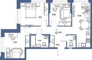 4-к квартира, строящийся дом, 70м2, 13/24 этаж