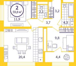 2-к квартира, сданный дом, 58м2, 10/20 этаж