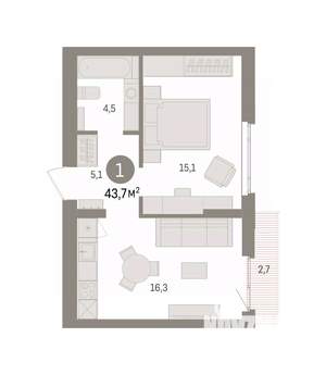 1-к квартира, вторичка, 44м2, 5/7 этаж
