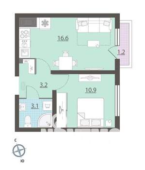 1-к квартира, вторичка, 34м2, 12/16 этаж