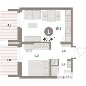 1-к квартира, вторичка, 41м2, 8/9 этаж